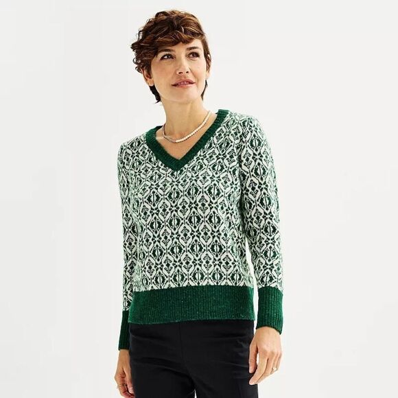 Croft & Barrow Jacquard Sweater Green Christmas Grandpa Core V Neck Size M - Picture 1 of 8